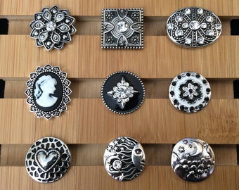 Snap Charms White, Black, Metal Snap Charms for Snap Jewelry.  Fits 18-20mm Ginger Snaps, Noosa, Magnolia and Vine, SC11