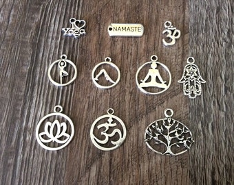 Yoga Charms, I Love Yoga, Namaste, Om, Yoga Poses, Lotus, Hamsa, Hand of Fatima, Tree of Life, Downward Dog, Tree Pose, Silvertone, #33