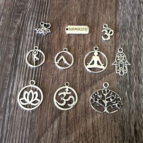 Yoga Charms, I Love Yoga, Namaste, Om, Yoga Poses, Lotus, Hamsa, Hand of Fatima, Tree of Life, Downward Dog, Tree Pose, Silvertone, #33