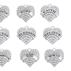 Faith, Inspirational Rhinestone Heart Charms, Faith Charm, Hope Charm, Blessed, Believe, God, WWJD, Success, Survivor, Confirmation, RC#4