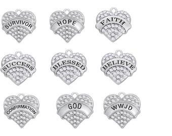 Faith, Inspirational Rhinestone Heart Charms, Faith Charm, Hope Charm, Blessed, Believe, God, WWJD, Success, Survivor, Confirmation, RC#4