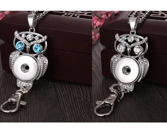 Owl Lanyard Snap Necklace, Owl Badge Holder, Owl Snap Lanyard, 30" Ball Chain, Silvertone, Fits 18mm Ginger Snaps, Magnolia and Vine, N49-A