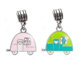 RV Charm, Camper Charm, Trailer Charm, RV Camping Charm, Pink Camper, Green Camper, European Bail Charm, #P