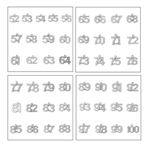 Number Charms, Stainless Steel or Alloy, Numeric Charms, Numbers 52 to 100, For Bracelet, Necklace, Earrings, Zipper Pull, Key Chain, #18-20