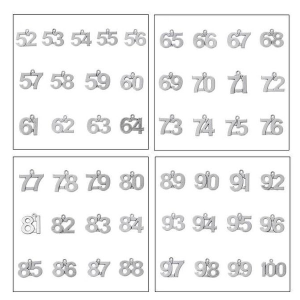 Number Charms, Stainless Steel or Alloy, Numeric Charms, Numbers 52 to 100, For Bracelet, Necklace, Earrings, Zipper Pull, Key Chain, #18-20