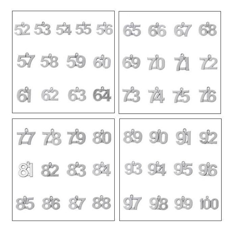 Number Charms, Stainless Steel or Alloy, Numeric Charms, Numbers 52 to 100, For Bracelet, Necklace, Earrings, Zipper Pull, Key Chain, #18-20 image 1
