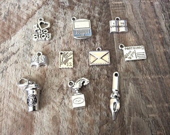 Blogger Charms, Author Charms, Writer Charms, I Love to Blog, I Love to Read, Coffee, Laptop, Book, Envelope, Postcard, Stamp, Quill,  #35