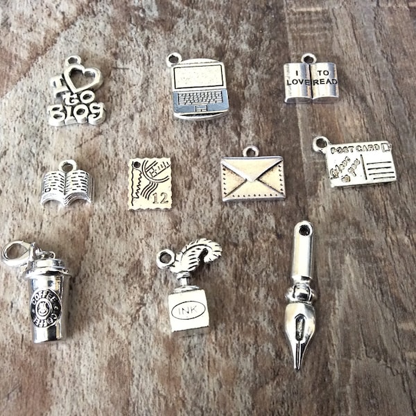 Blogger Charms, Author Charms, Writer Charms, I Love to Blog, I Love to Read, Coffee, Laptop, Book, Envelope, Postcard, Stamp, Quill,  #35