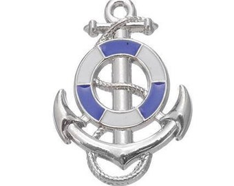 Ship Wheel Charm, Anchor Charm, Nautical Charm, White & Blue Enamel, Silvertone, For Bracelet, Necklace,  Zipper Pull, Key Chain, #11