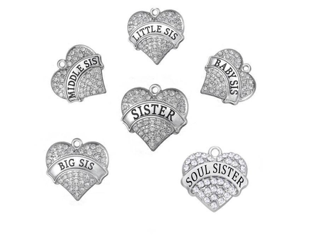 Sister Rhinestone Heart Charm, Sister Charm, Baby Sis Charm, Little Sis ...