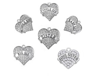 Sister Rhinestone Heart Charm, Sister Charm, Baby Sis Charm, Little Sis Charm, Middle Sis Charm, Big Sis Charm, Soul Sister Charm, RC#5
