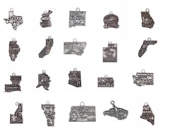 State Charms, Map Charms, 50 States Charms + DC,  Silvertone, For Bracelet, Necklace, Earrings, Zipper Pull, Key Chain Brooches, Bookmarks