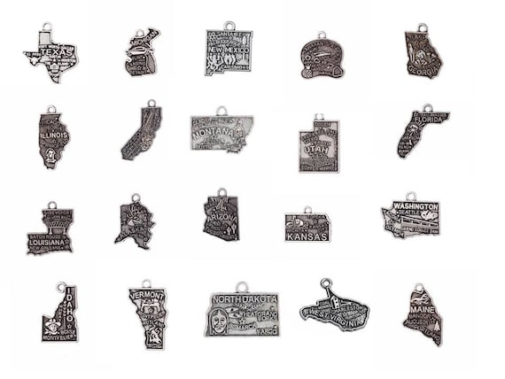 State Charms, Map Charms, 50 States Charms + DC,  Silvertone, For Bracelet, Necklace, Earrings, Zipper Pull, Key Chain Brooches, Bookmarks
