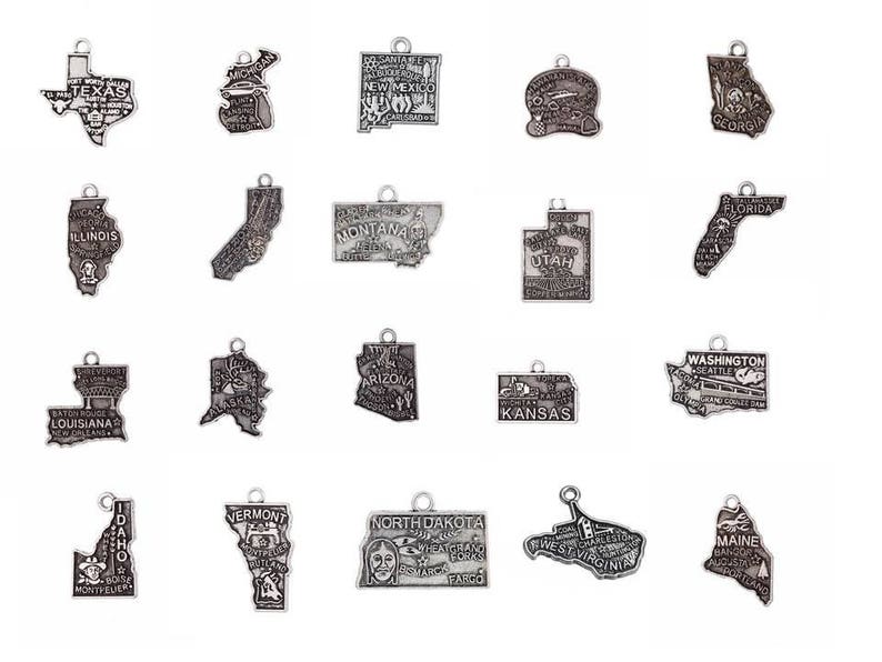 State Charms, Map Charms, 50 States Charms + DC, Silvertone, For Bracelet, Necklace, Earrings, Zipper Pull, Key Chain Brooches, Bookmarks image 1
