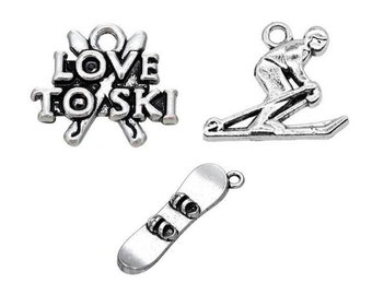 Skiing Charms, Love to Ski Charm, Skier Charm, Snowboard Charm, Snow Sports Charms, Silvertone, #4