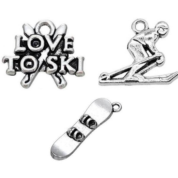 Skiing Charms, Love to Ski Charm, Skier Charm, Snowboard Charm, Snow Sports Charms, Silvertone, #4