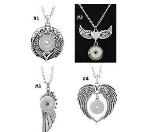 Wings Snap Necklace, Wing Snap Necklace, 4 Styles, Angel Wings, Silvertone.  Fits 18-20mm Ginger Snaps, Noosa, Magnolia and Vine, N3
