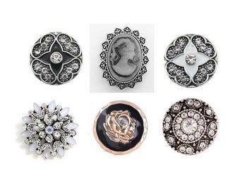Snap Charms Black, White, Grey, Rose Gold, Cameo Snap Buttons for Snap Jewelry, Fits 18-20mm Ginger Snaps, Magnolia & Vine, SC46