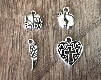Baby Memorial Charm, Baby Loss Charms, Baby Remembrance Charms, I Love My Baby Charm, Baby Feet Charm, Angel Wing, Cross, Silvertone, #23