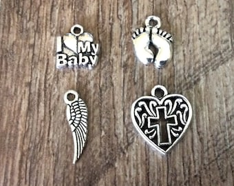 Baby Memorial Charm, Baby Loss Charms, Baby Remembrance Charms, I Love My Baby Charm, Baby Feet Charm, Angel Wing, Cross, Silvertone, #23