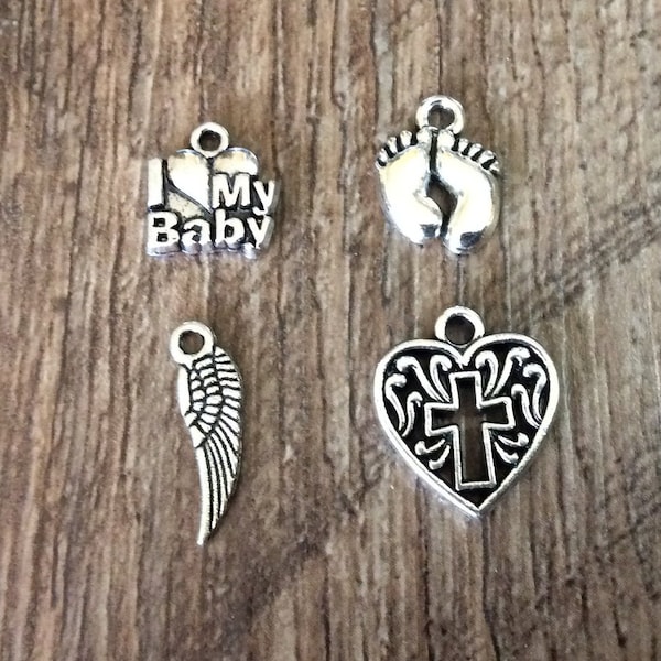 Baby Memorial Charm, Baby Loss Charms, Baby Remembrance Charms, I Love My Baby Charm, Baby Feet Charm, Angel Wing, Cross, Silvertone, #23