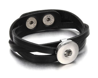 Black Leather Snap Bracelet Criss Cross, Adjustable, Silvertone.  Fits 18mm Ginger Snaps, Noosa, Magnolia & Vine, B51-A
