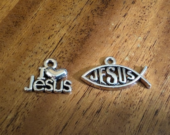 Faith Charms, Religious, I Love Jesus Charm, Jesus Fish Charm, Silvertone, For Bracelet, Necklace, Earrings, Zipper Pull, Key Chain, #6