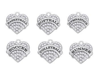 Sports Rhinestone Heart Charm, Basketball Charm, Softball Charm, Volleyball Charm, Soccer Charm, Gymnastics Charm, Runner Charm, RC#2