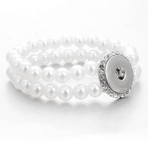 Snap Bracelet Pearl and Rhinestone Stretchy Snap Bracelet, White, Silvertone.  Fits 18mm Ginger Snaps, Noosa, Magnolia and Vine B24-A