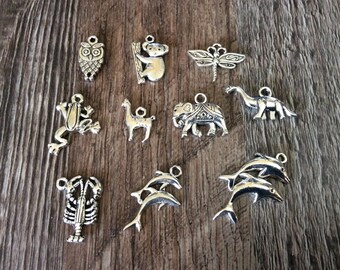 Animal Charms, Owl Charm, Koala, Dragonfly, Frog, Alpaca, Elephant, Dinosaur, Lobster, Dolphins, Silvertone, #34