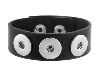 Snap Bracelet Black Leather Cuff Snap Bracelet, Silvertone.  Fits 18-20mm Ginger Snaps, Noosa, Magnolia & Vine, B3