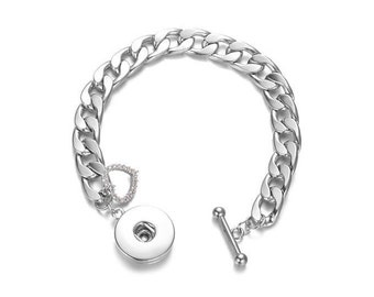 Snap Bracelet Link Chain, Rhinestone Heart Toggle Fits 6.5" to 7" Wrists, Silvertone, Fits 18mm Ginger Snaps Noosa Magnolia & Vine, B10-V