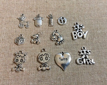 Baby Charms, Baby Shower Charms, New Mom, Carriage, Bottle, Footprints, Teddy Bear, Baby Feet, ABC Block, Girl, Boy, Twins, Silvertone, #7
