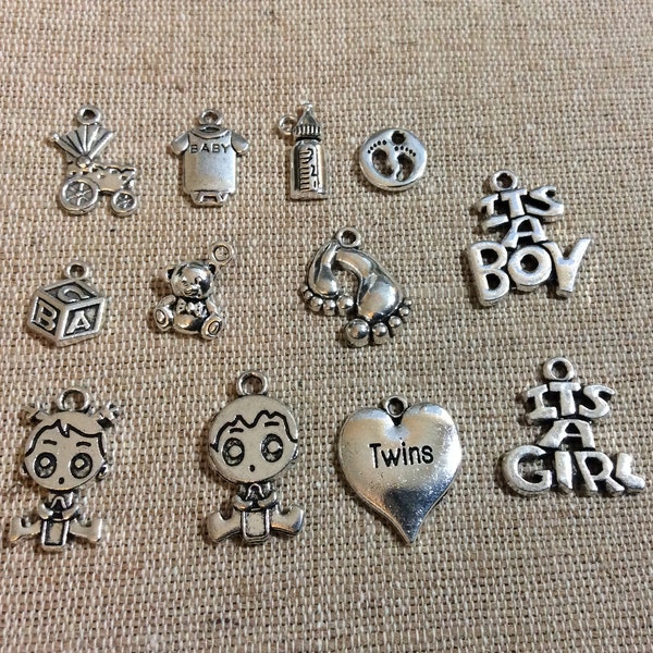 Baby Charms, Baby Shower Charms, New Mom, Carriage, Bottle, Footprints, Teddy Bear, Baby Feet, ABC Block, Girl, Boy, Twins, Silvertone, #7