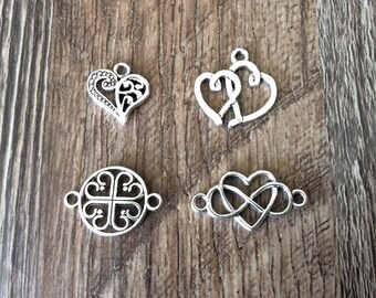 Heart Charms, Heart Connector Charms, Double Heart Charms, Infinity Heart Charm, Silvertone, #33