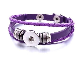 Snap Bracelet Purple Leather Snap Bracelet, Adjustable, Silvertone.  Fits 18mm Ginger Snaps, Noosa, Magnolia & Vine, B51-B
