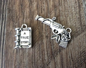 Guns and Roses Charm, A True Story Charm, Murder Mystery Charms, Storybook Charms, Silvertone, #20