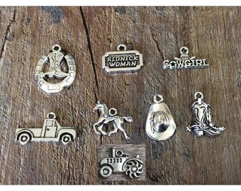 Cowgirl Charms, Country Girl Charms, Western, Redneck Woman Charm, Pickup Truck, Horse, Cowgirl Hat, Cowgirl Boots, Cowboy, Silvertone, #25