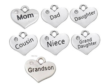 Family Charms, Heart Charms, Mom Charm, Dad Charm, Daughter Charm, Cousin Charm, Niece Charm, Grand Daughter, Grandson Charm, #RC1