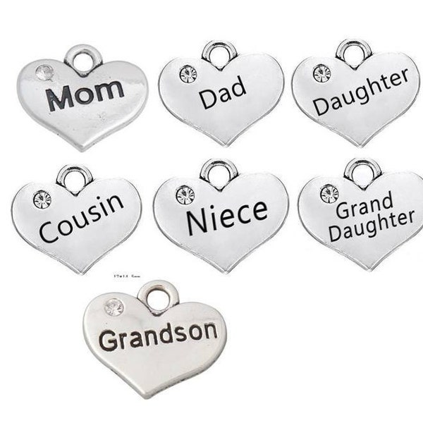 Family Charms, Heart Charms, Mom Charm, Dad Charm, Daughter Charm, Cousin Charm, Niece Charm, Grand Daughter, Grandson Charm, #RC1