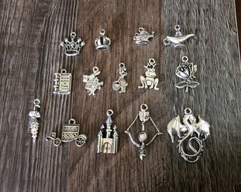 Fairy tale Charms, Teapot, Magic Lamp, Castle, Carriage, Dragon, Queen Crown, King Crown, Rabbit, Frog, Rose, Bow & Arrow, Silvertone, #34