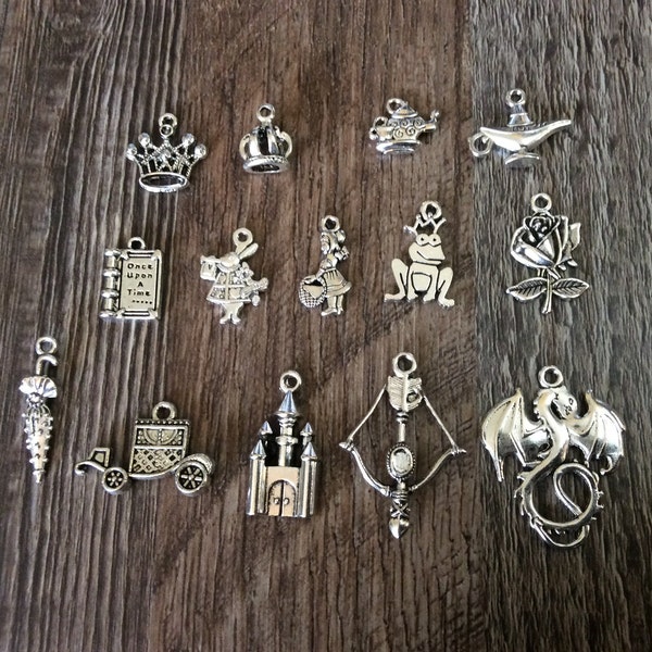 Fairy tale Charms, Teapot, Magic Lamp, Castle, Carriage, Dragon, Queen Crown, King Crown, Rabbit, Frog, Rose, Bow & Arrow, Silvertone, #34