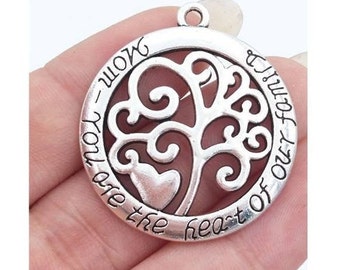Mom Charm, Mom You Are The Heart Of Our Family Charm, Silver Tone Metal, Larger Size 28mm x 32mm Perfect for Necklaces, #16