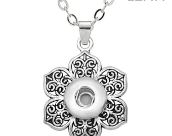 Snap Necklace Flower, Silvertone, 24" Chain, Fits 12mm PETITE/MINI Ginger Snaps, Noosa, Magnolia & Vine NP2-PB