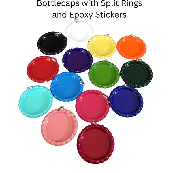 1" Colored Flattened Bottle Caps with Split Rings Attached and Epoxy Stickers, 14 Colors, Caps for making Necklaces & Key Chains, DIY-10