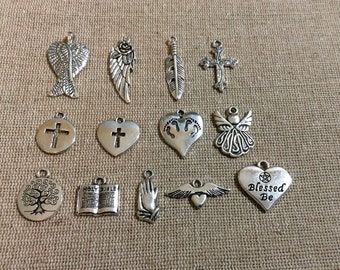 Faith Charms, Religious, Cross, Angel, Wings, Prayer Silvertone, For Bracelet, Necklace, Earrings, Zipper Pull, Key Chain, Brooches, Etc, #6