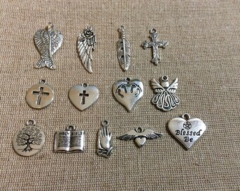 Faith Charms, Religious, Cross, Angel, Wings, Prayer Silvertone, For Bracelet, Necklace, Earrings, Zipper Pull, Key Chain, Brooches, Etc, #6