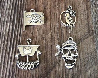 Pirate Charms, Skull & Crossbones Pirate Flag, Pirate Ship, Pirate Skull, Parrot, Silvertone, #32