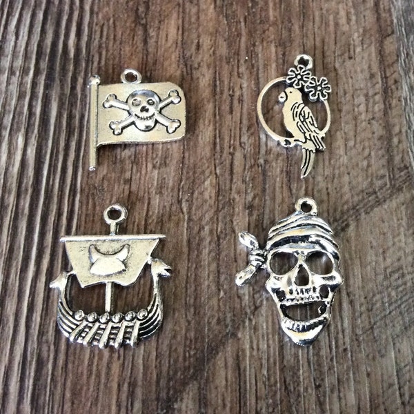 Pirate Charms, Skull & Crossbones Pirate Flag, Pirate Ship, Pirate Skull, Parrot, Silvertone, #32