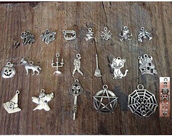 Halloween Charms, Bite Me, Vampire Girl, Vampire Fangs, Witch, Spider Web, Pumpkin, Zombie, Broom, Haunted House, Ghost, Silvertone,  #32
